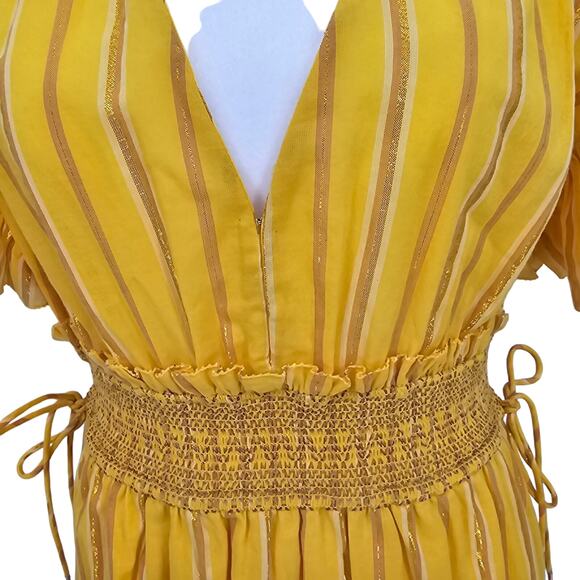 Saylor Womans size M Adrianne Yellow Yarn Dye Stripe Mini Dress Ruffles Ties NEW - Picture 2 of 8
